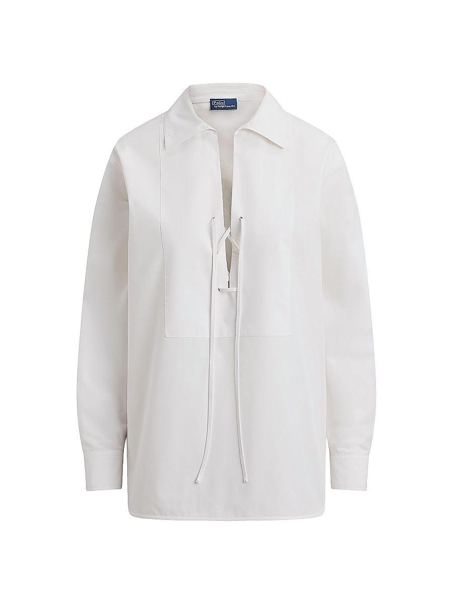 Women's Lace-Up Bib Cotton Shirt - White - Size XS