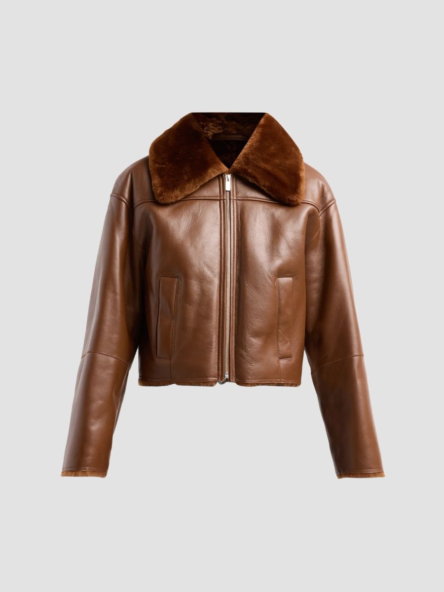 Theory Women's Crop Shearling Jacket - Acacia Brown - Size Large