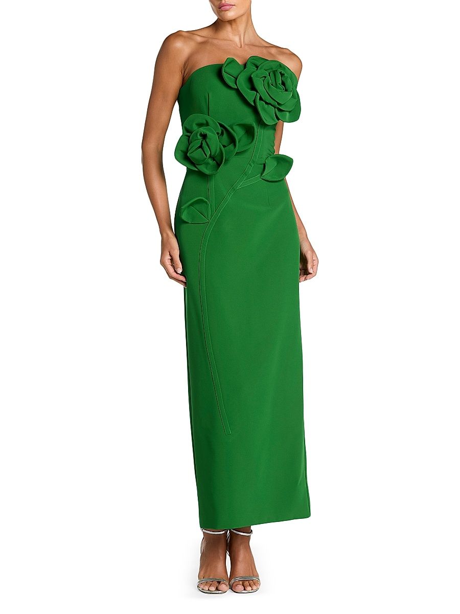 Women's 3D Rose-Appliquéd Crepe Strapless Gown - Spring Green - Size 10