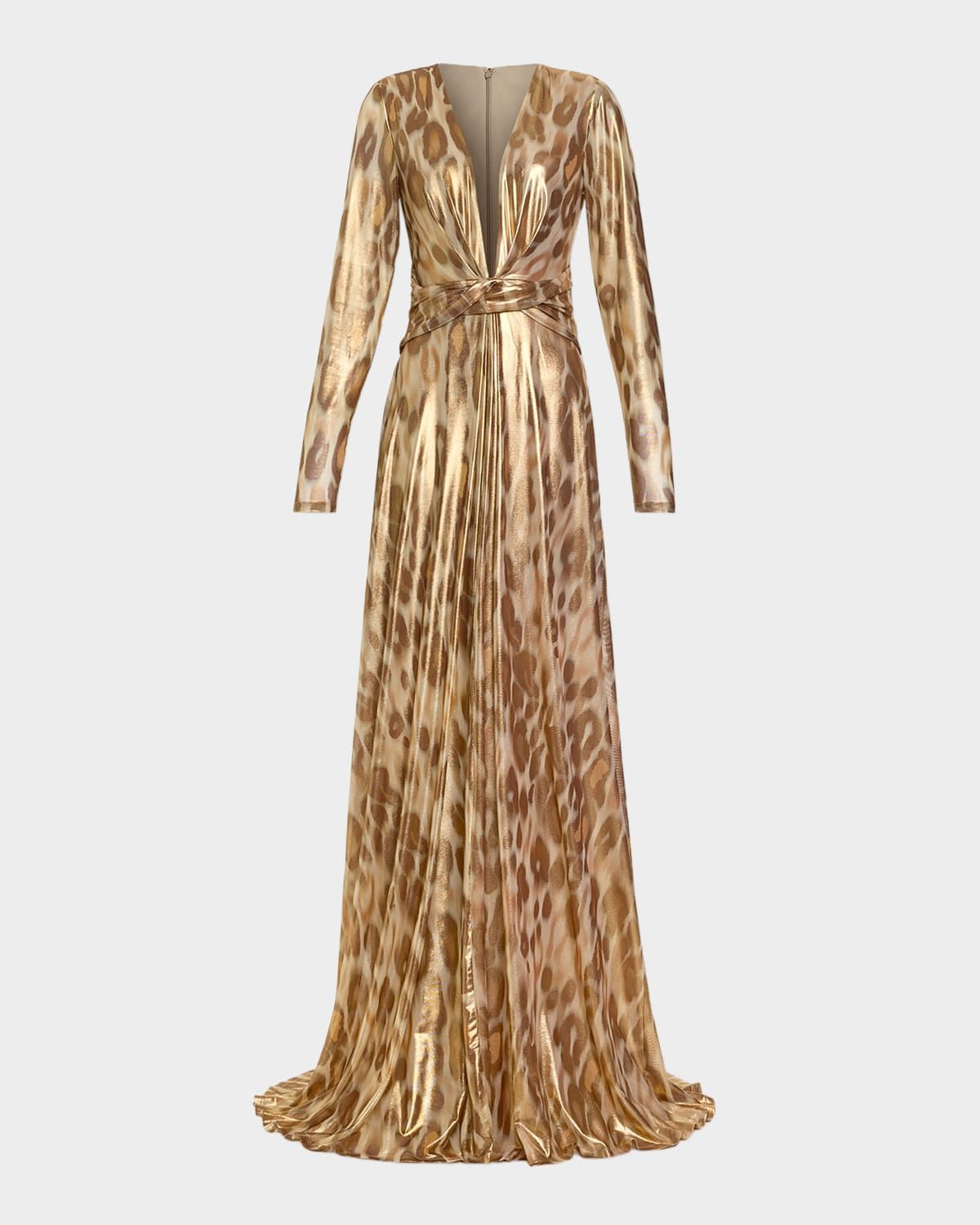 Martini Plunging Metallic Animal-Print Gown
