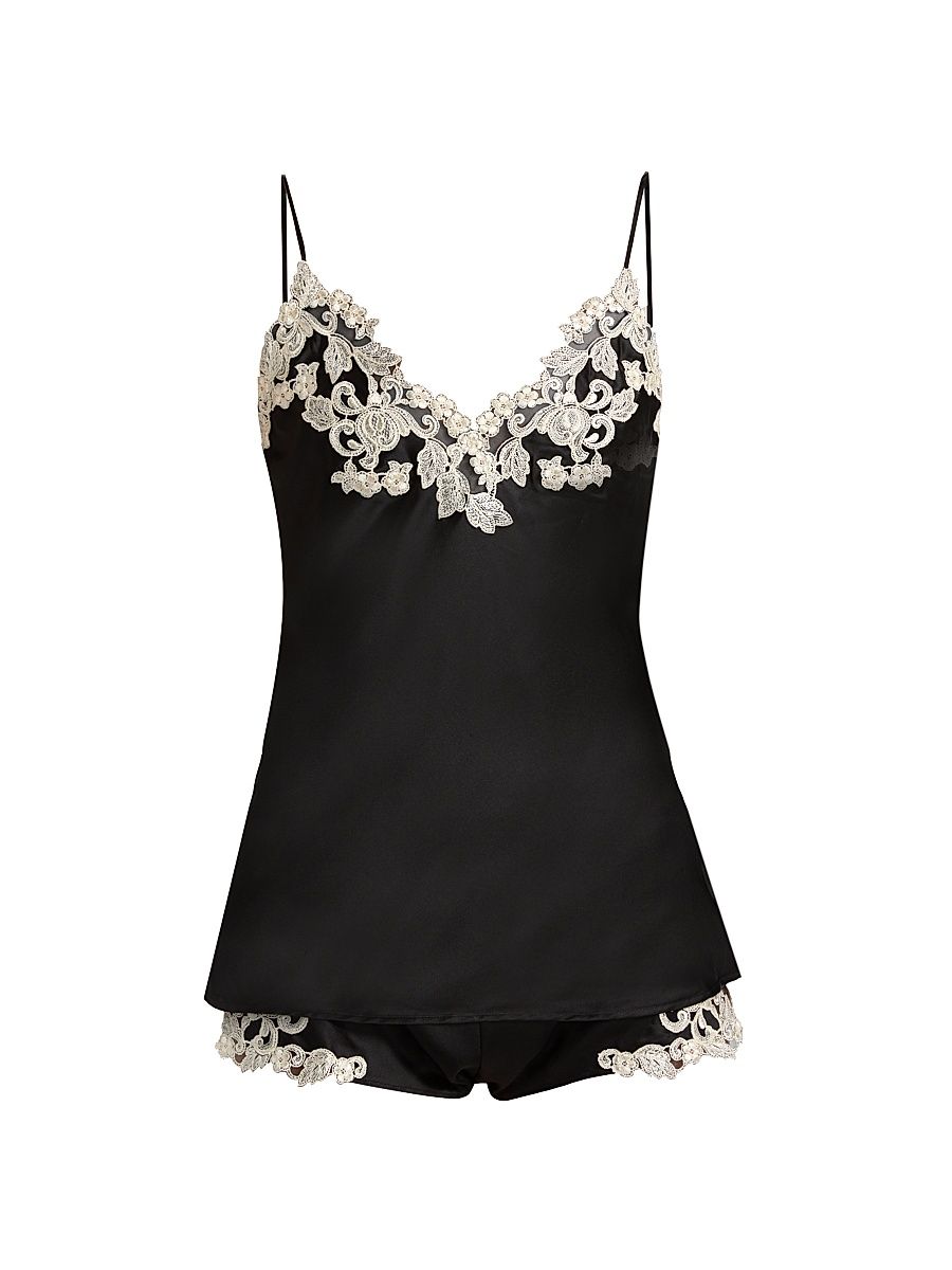 Women's Lace-Trim Silk Pajamas - Black - Size XS