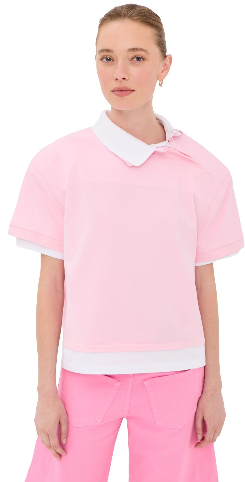 A. W.A. K.E. MODE Double Collar Rugby Top Pink/White S