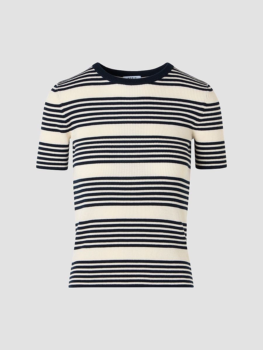 Women's Rib-Knit Wool T-Shirt - Navy Cream - Size 16