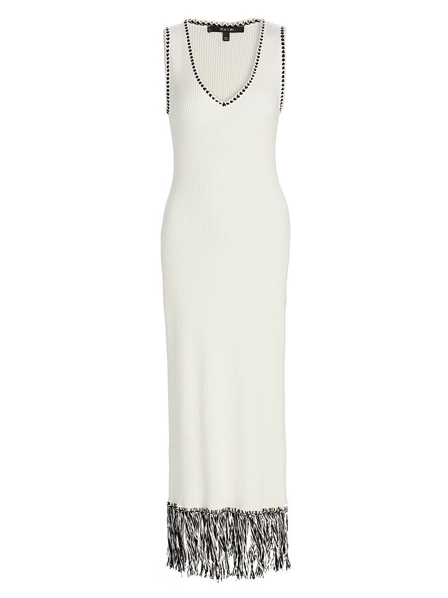 Women's Ashtin V-Neck Fringe Midi-Dress - Optic Jet - Size Large