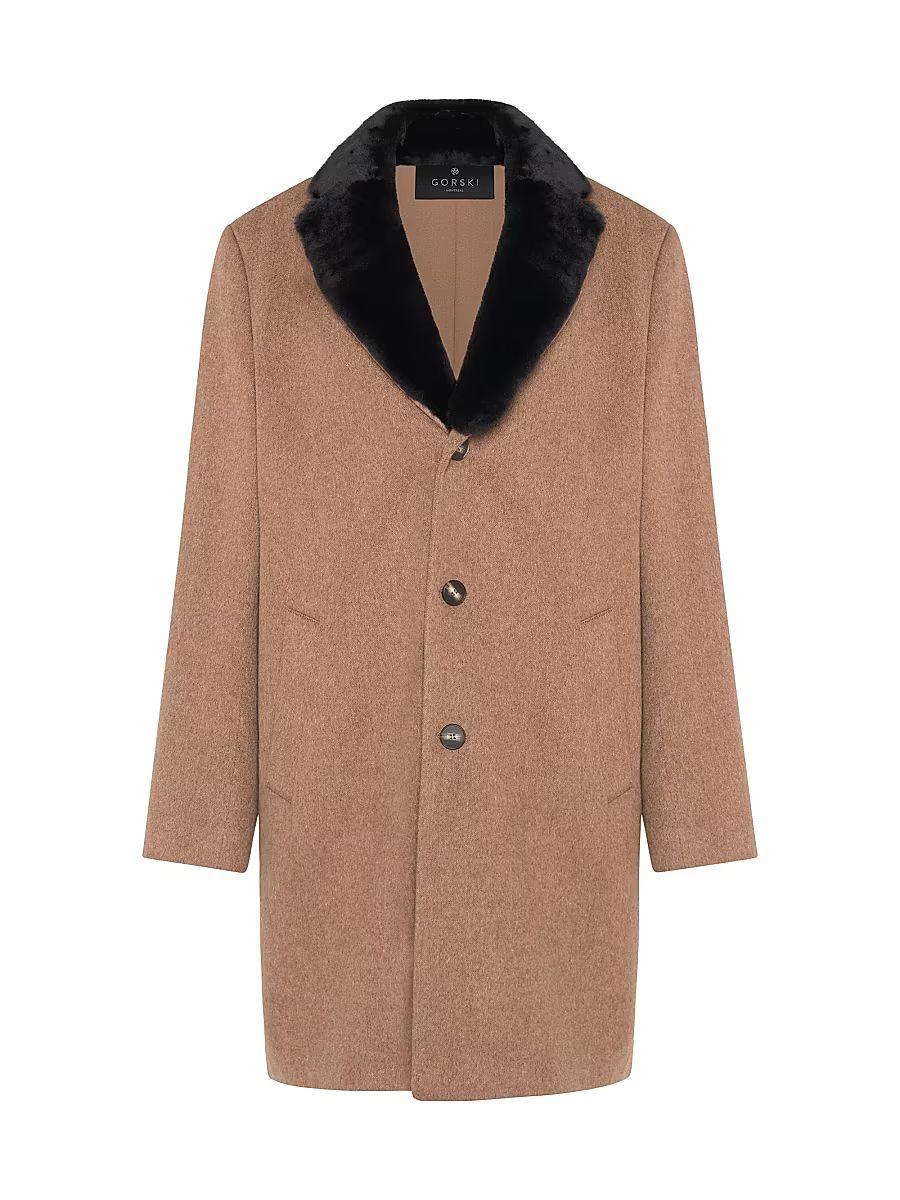 Men's Wool Stroller Coat with Shearling Trim - Camel - Size Large