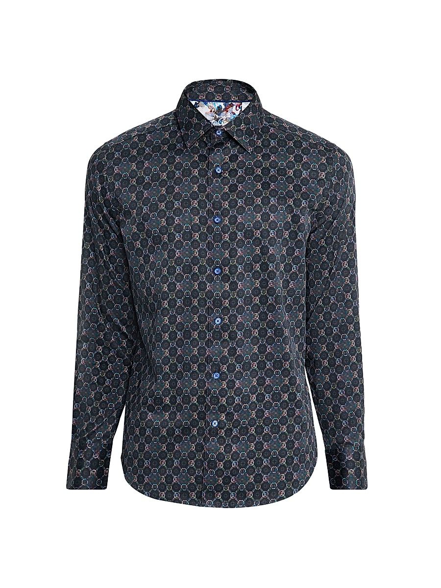 Men's Bramston Medallion Satin Button-Front Shirt - Black - Size Medium