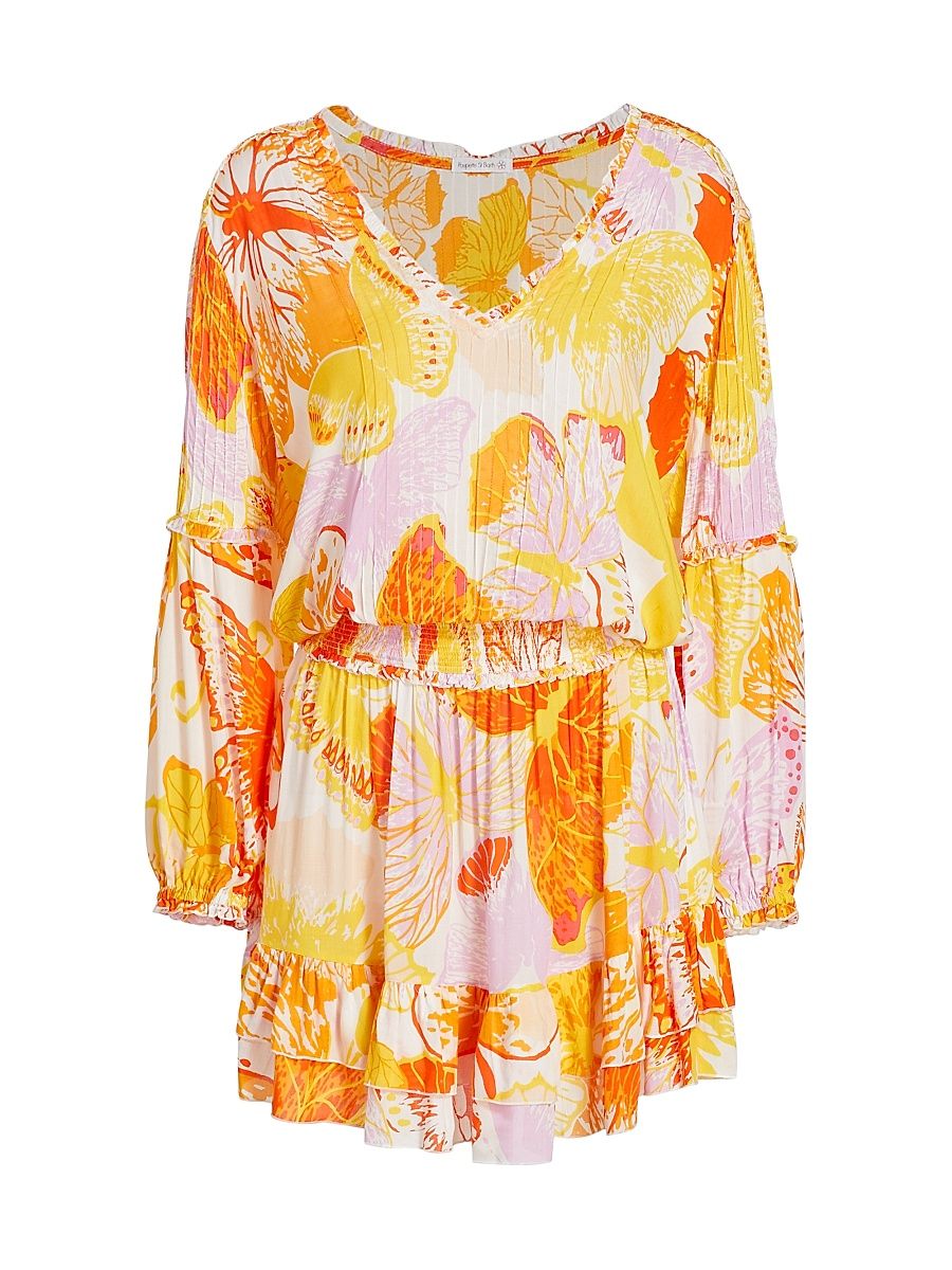 Women's Ilona Floral Long-Sleeve Minidress - Yellow Macro Wings - Size Small