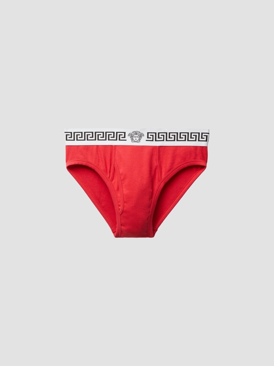 Versace Men's La Greca Medusa Stretch-Cotton Brief - Bright Red White Black - Size Large