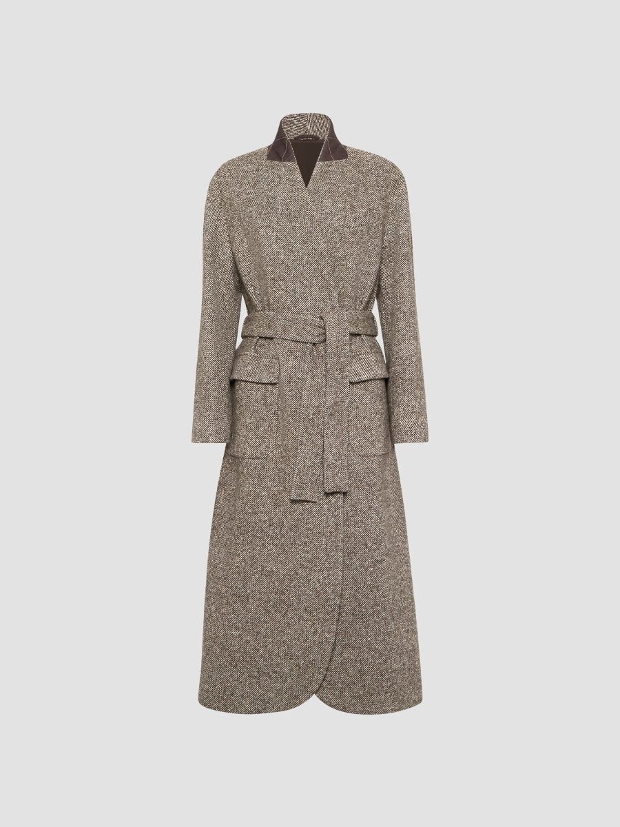 Brunello Cucinelli Women's Virgin Wool and Silk Mélange Diagonal Belted Coat - Brown - Size 12