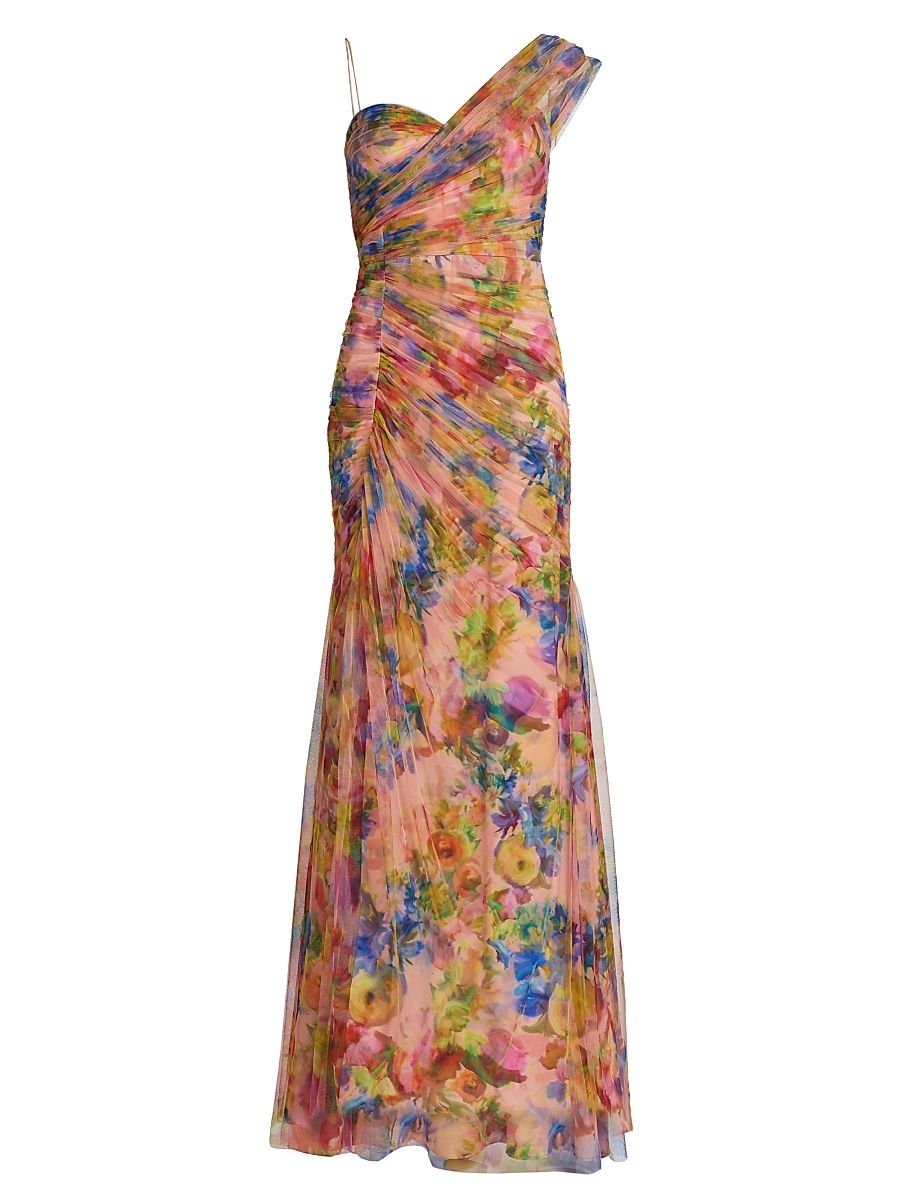 Women's Macie Watercolor Floral Tulle One-Shoulder Gown - Abundant Blooms - Size 16