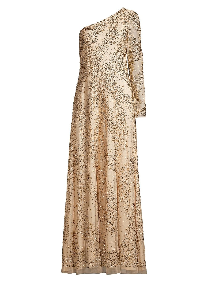Women's Beaded One-Shoulder Gown - Light Gold - Size 4