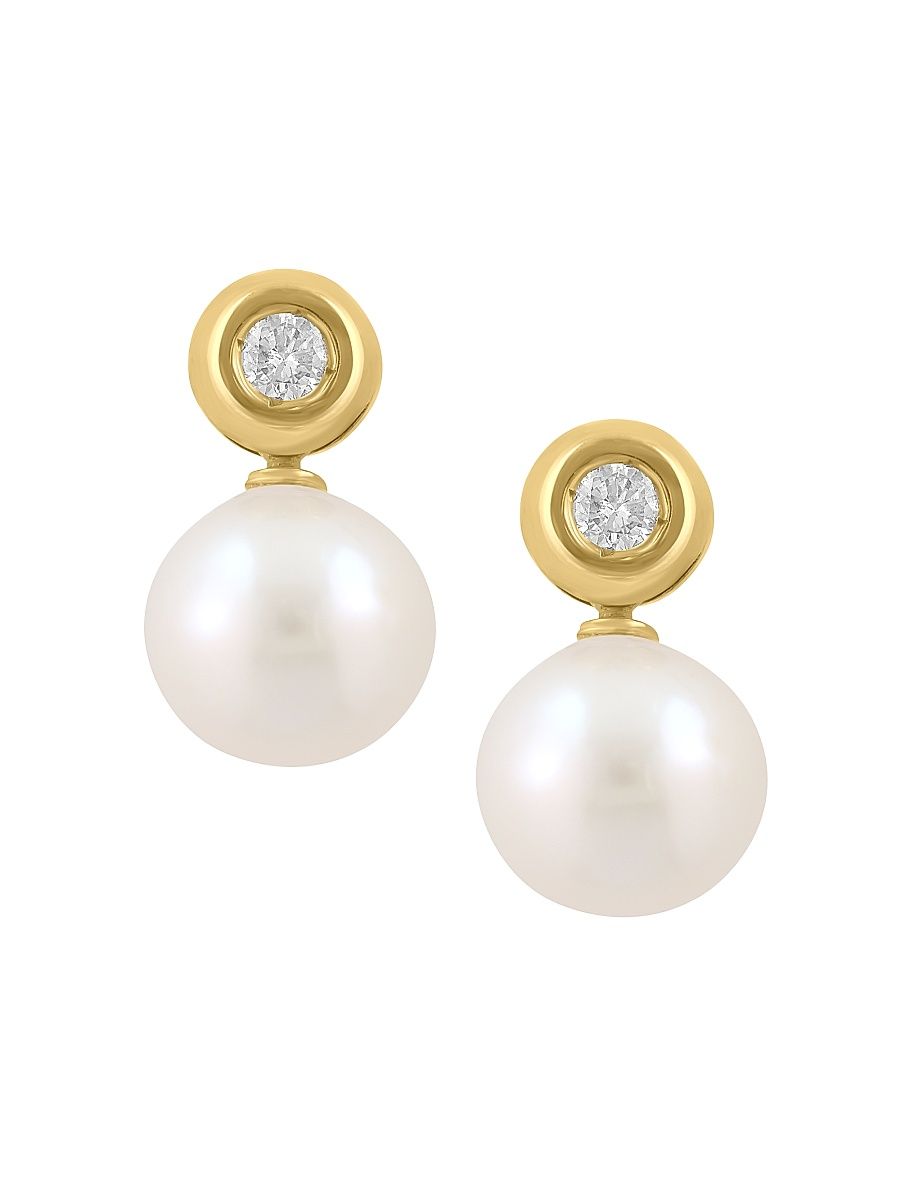 Women's 14K Yellow Gold, Akoya Pearl & 0.14 TCW Diamond Drop Earrings - Yellow Gold
