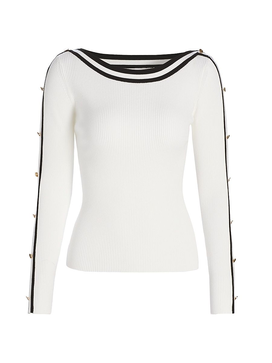 Women's The Abbie Ribbed Boat Neck Sweater - Sky White And Noir - Size XL