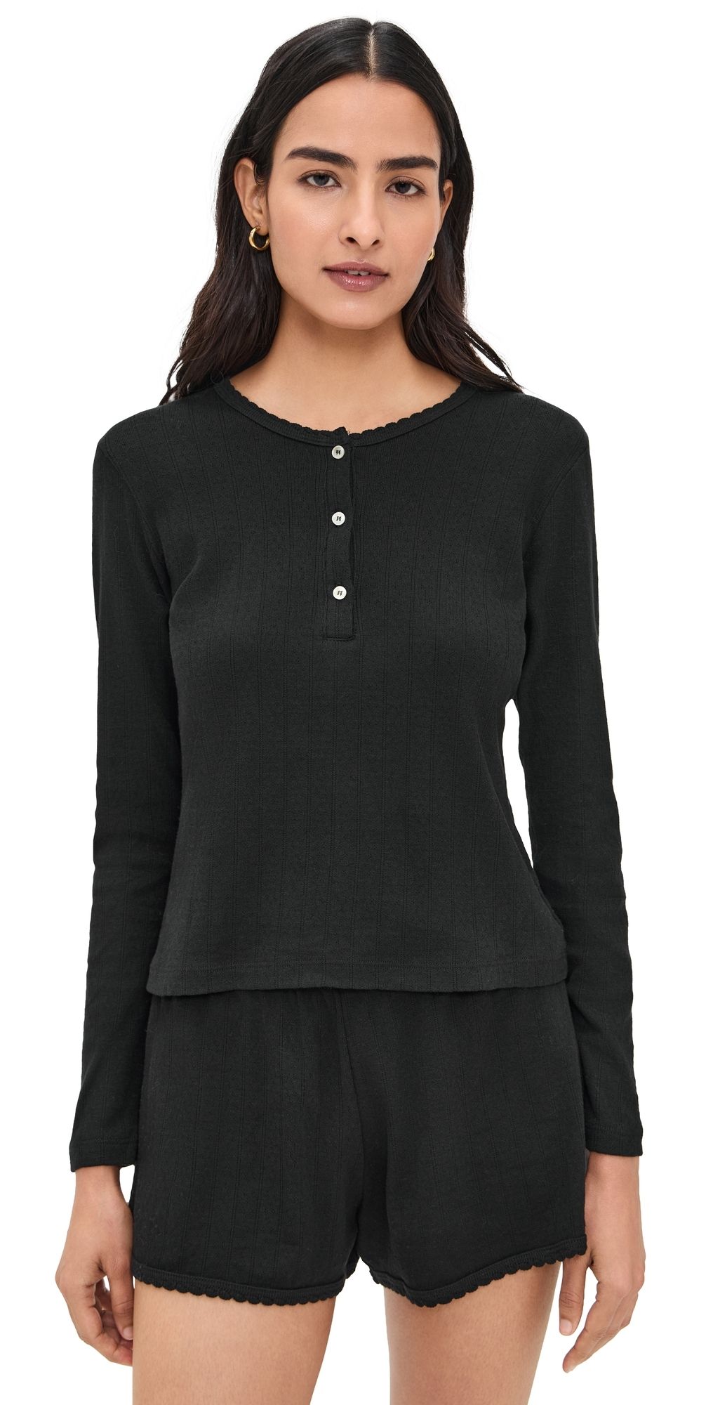 Leset Pointelle Long Sleeve Henley Black XS