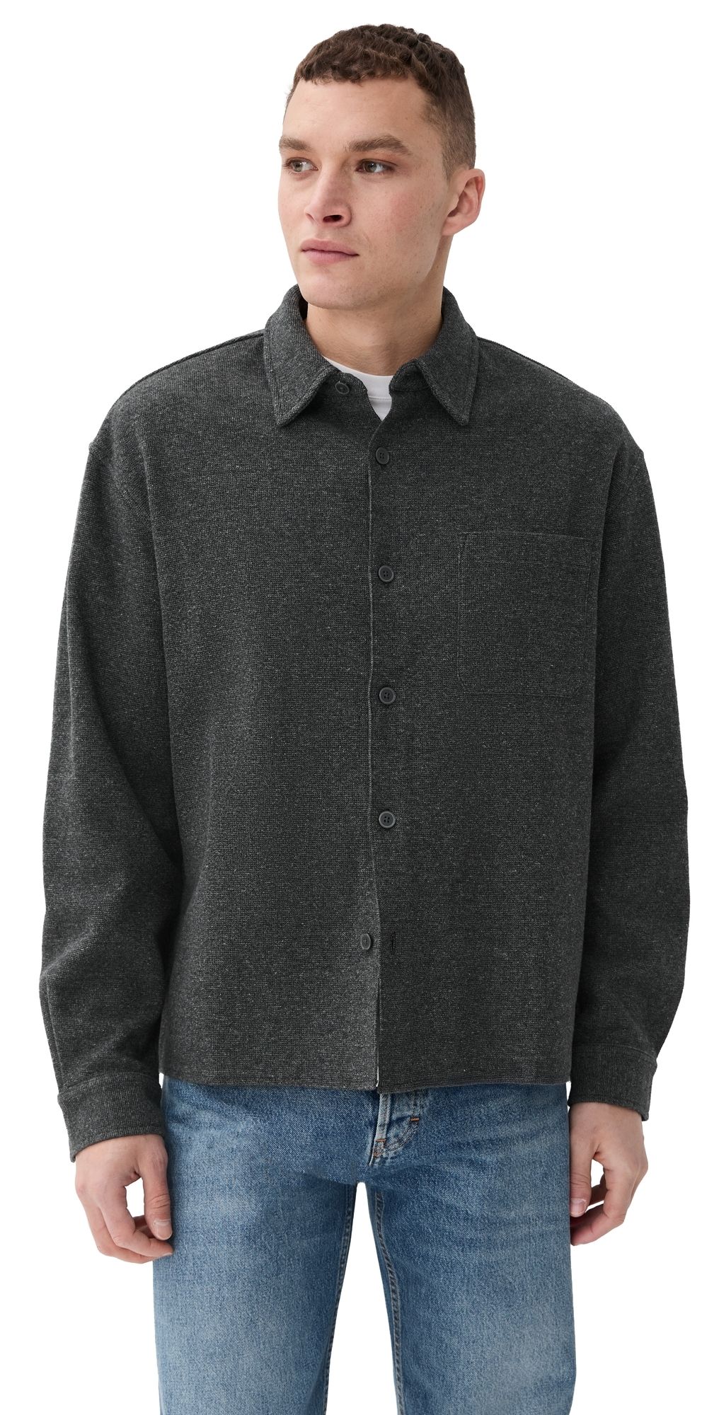 FRAME Long Sleeve Waffle Textured Shirt Heather Grey M