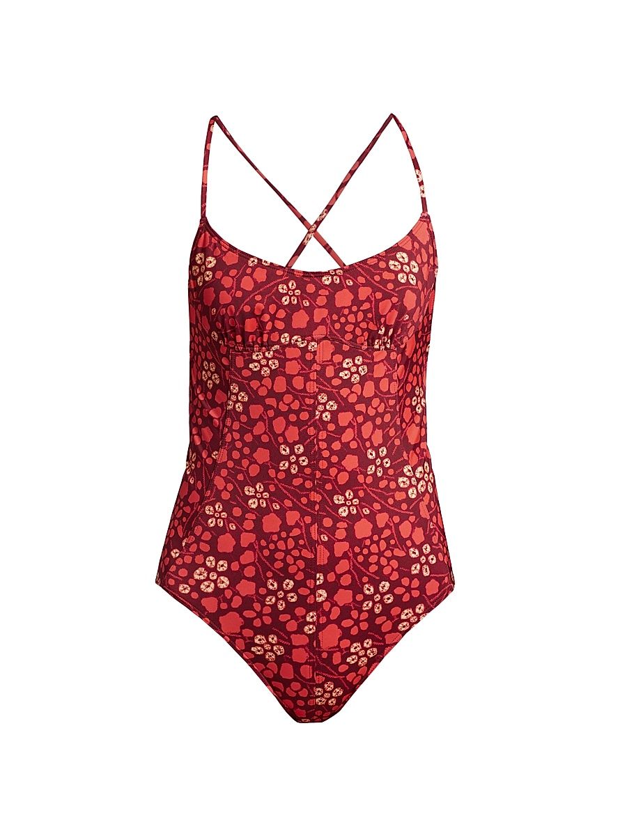 Women's Positano Maillot Abstract Strappy One-Piece Swimsuit - Coral - Size Large
