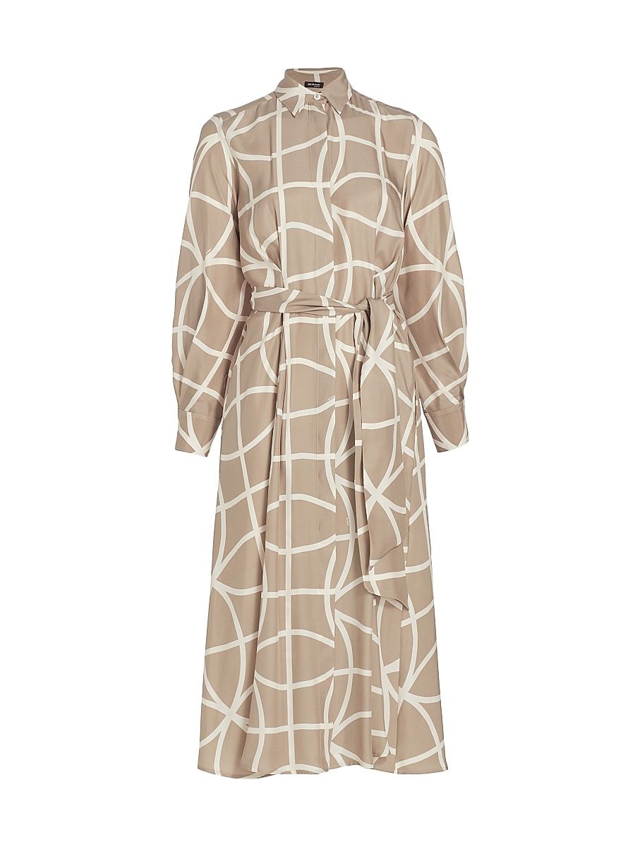 Women's Printed Silk Collared Belted Shirtdress - Beige White - Size 4