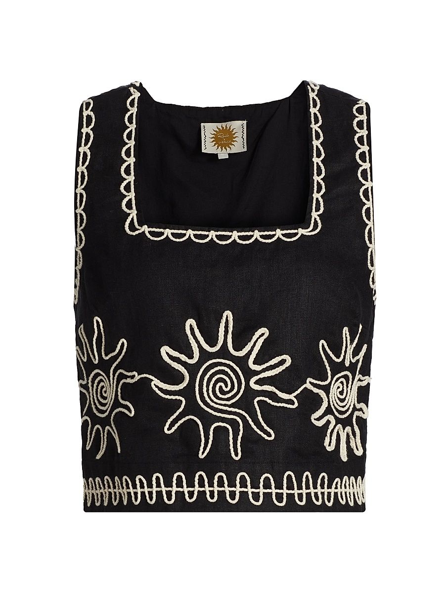 Women's Akira Embroidered Linen Top - Sun Embroidery - Size Large