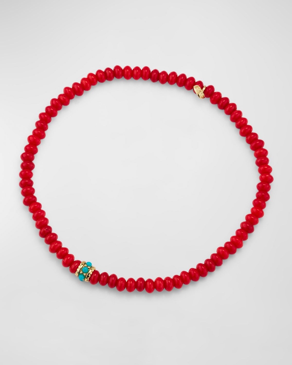 Gold and Turquoise Scallop Rondelle on Red Bamboo Coral Bracelet