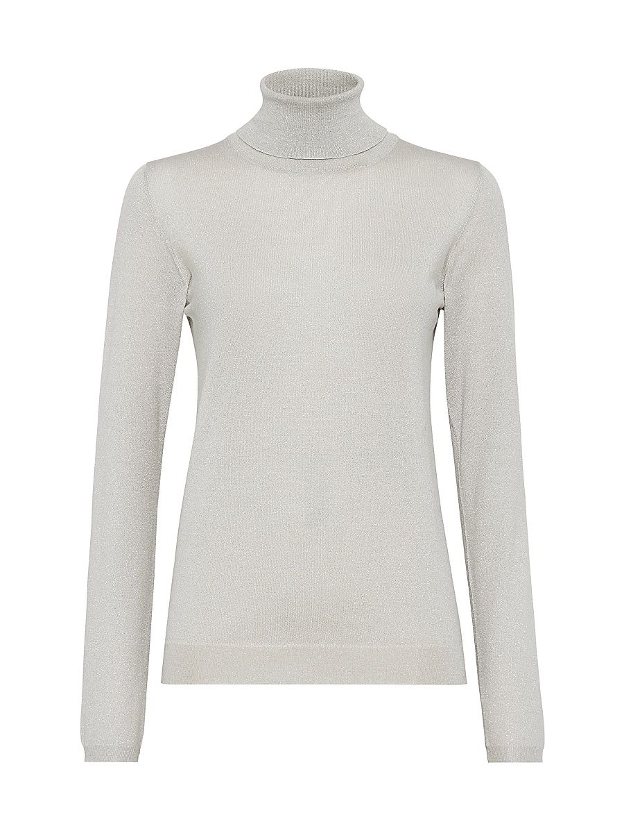 Women's Sparkling Cashmere and Silk Lightweight Turtleneck Sweater - Pearl Grey - Size XXS