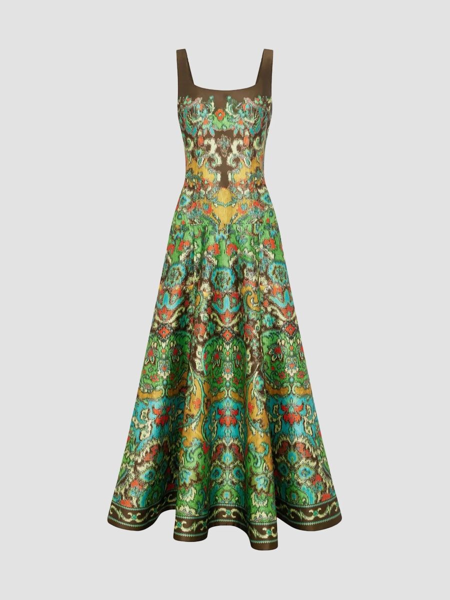 Women's Charlotte Printed Cotton Velvet Drop-Waist Gown - Multi - Size 2