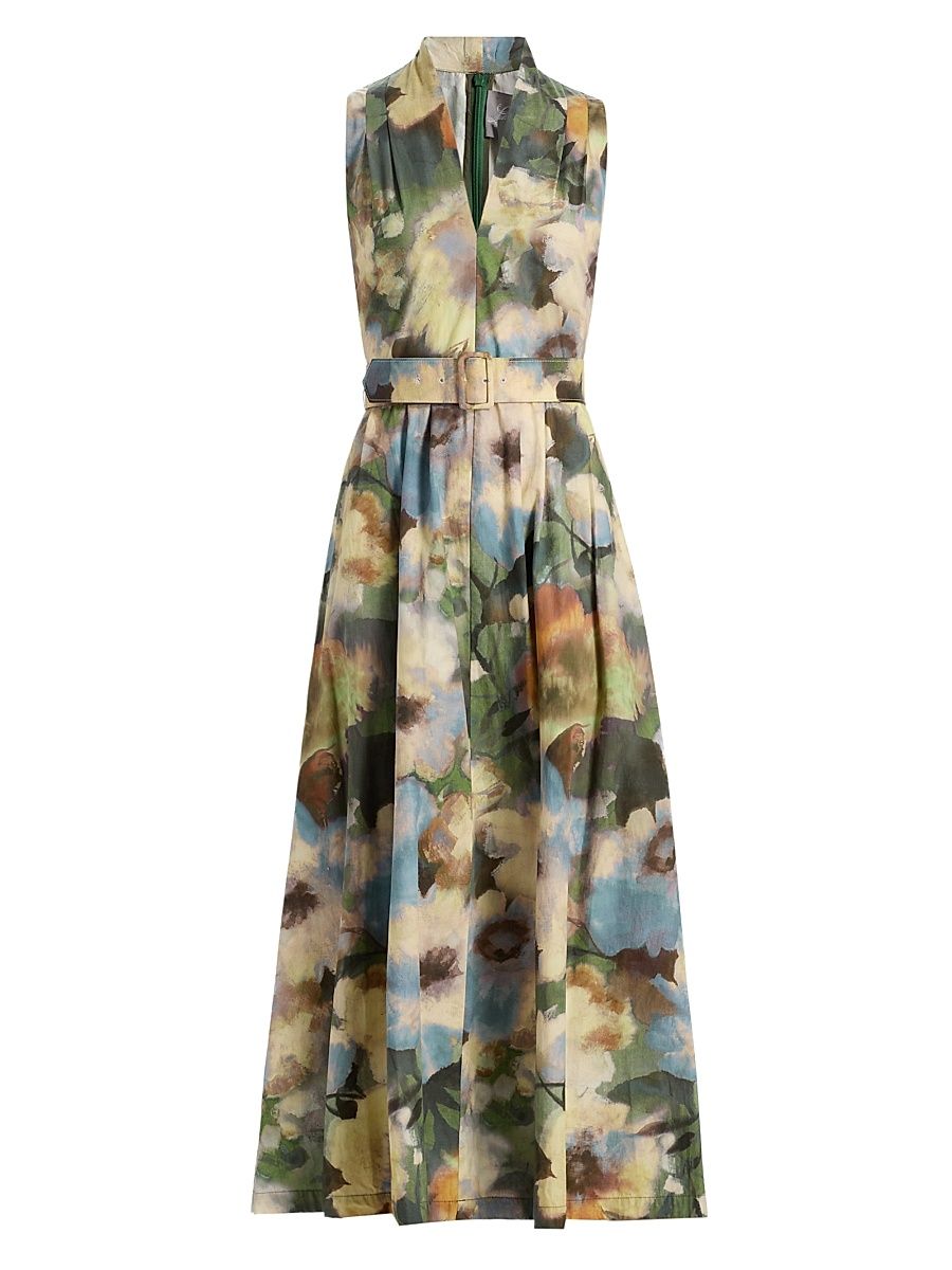 Women's Margot Floral Belted Cotton Midi-Dress - Cactus Multi - Size 16