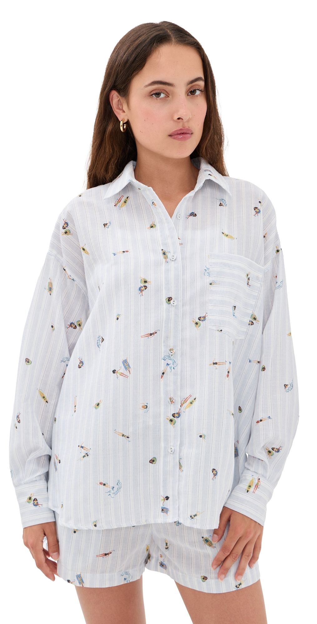 En Saison Nicole Button Up Top WHITE BLUE MULTI S