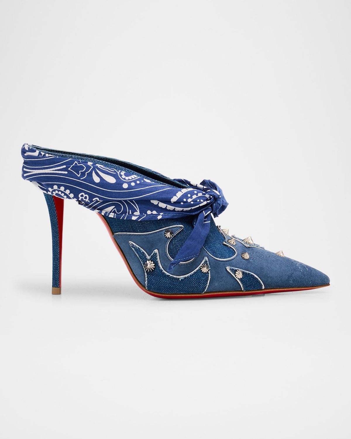 100mm Mulatiag Denim and Suede Bandana Mule Pumps