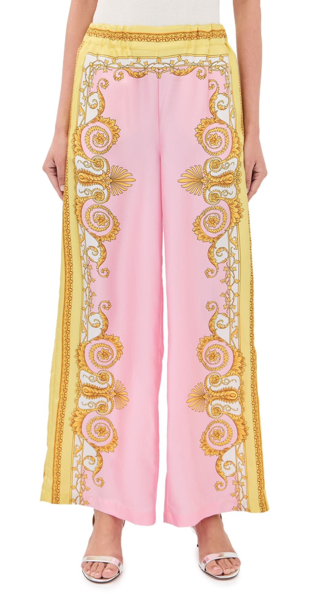 Versace Wide Leg Silk Pants Pale Yellow+Rose Quartz 42