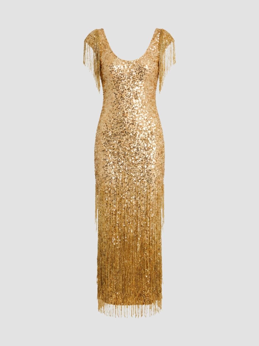 Mac Duggal Women's Sequin-Embellished Fringed Mesh Dress - Gold - Size 14