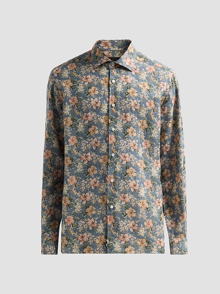 Men's COLLECTION Flower Linen Shirt - Blue - Size XXL