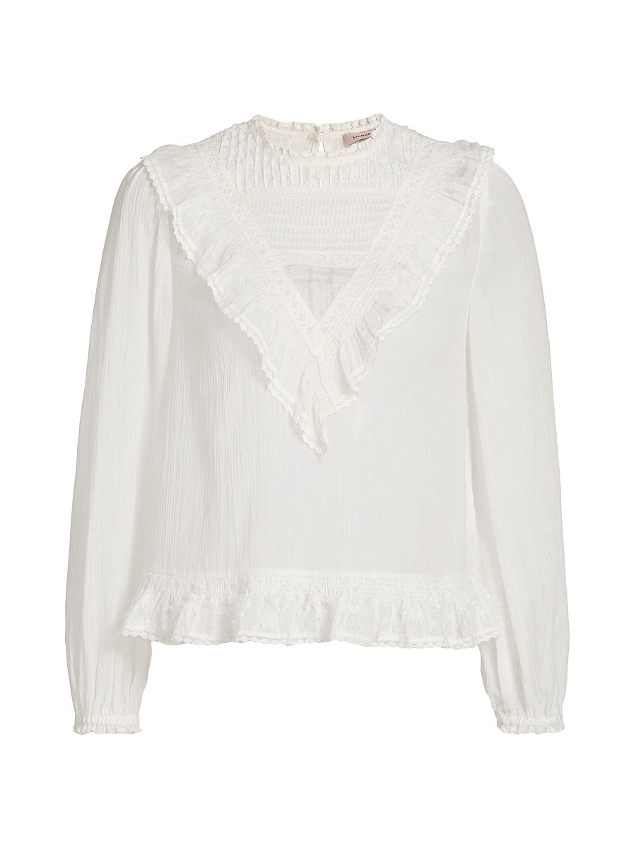 Women's Patchwork Lace Cotton Shirt - Ivory - Size XL
