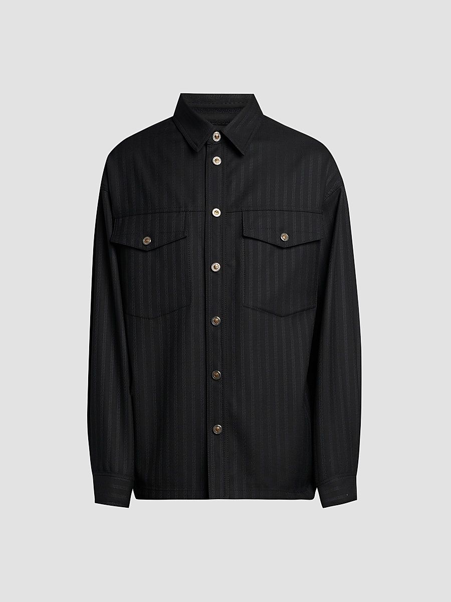 Men's Greca Jacquard Wool Shirt - Black - Size 42