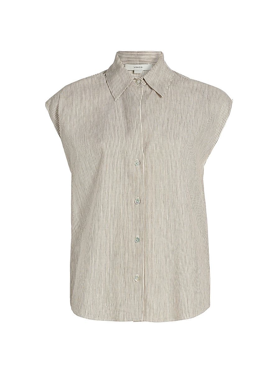 Women's Ticking Striped Linen-Blend Blouse - Taupe Wood - Size XS