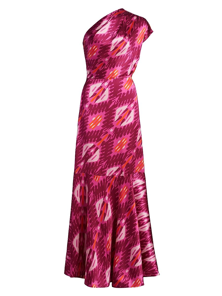 Women's Ezer Abstract Silk One-Shoulder Maxi Dress - Iznik Ikat Sangria Red - Size 6