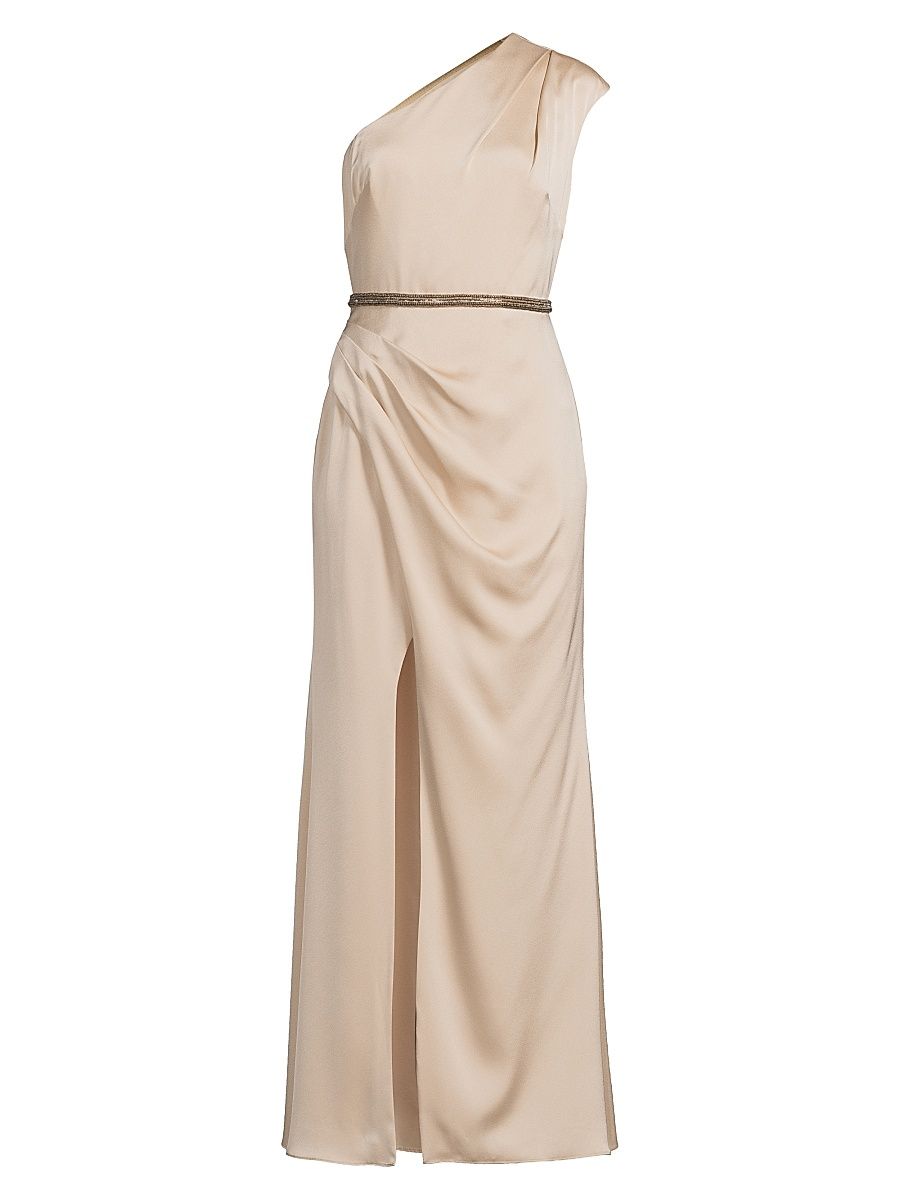 Women's Satin One-Shoulder A-Line Gown - Light Gold - Size 4