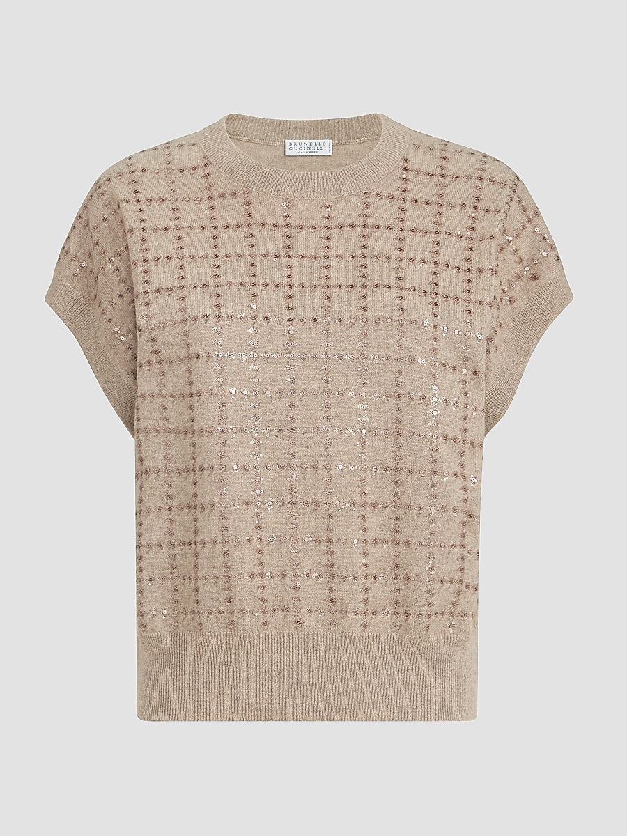 Women's Cashmere Knit T-Shirt with Dazzling Windowpane Embroidery - Beige - Size Large