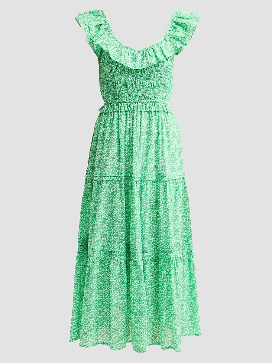 Women's Tuscany Cotton Floral Flounce Midi Dress - Green Mana - Size Small