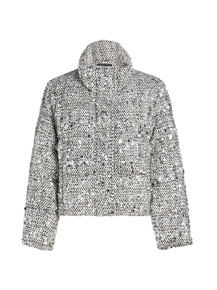 Women's Hayes Sequined Tweed Puffer Jacket - Black Multi - Size Medium