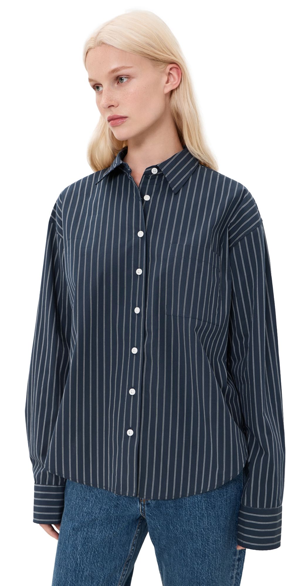 Good American The Poplin Easy Shirt Navy Stripe XL