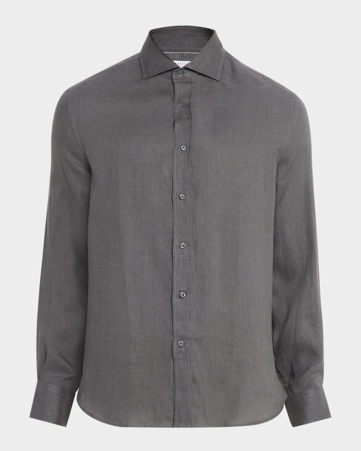 Men & apos;s Linen and Cotton Band Collar Button-Down Shirt