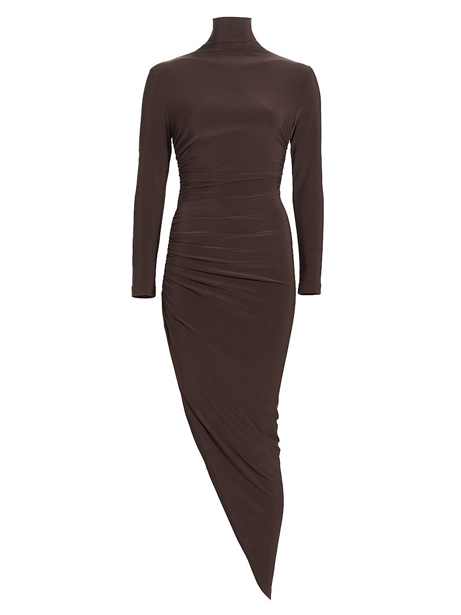 Women's Long-Sleeve Turtleneck Side-Drape Midi Dress - Chocolate - Size XL