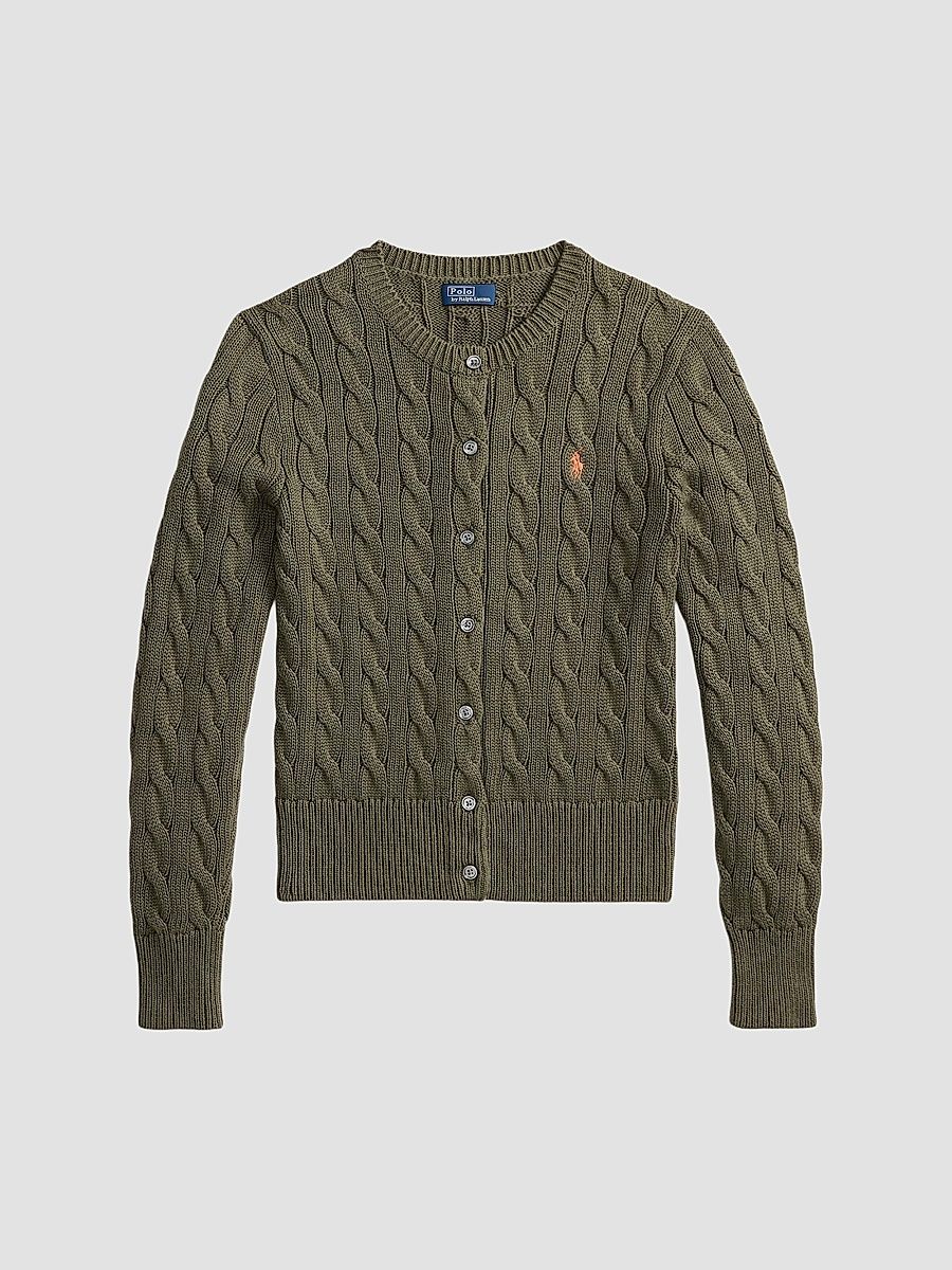 Polo Ralph Lauren Women's Cable-Knit Cotton Crewneck Cardigan - Dense Olive - Size XS