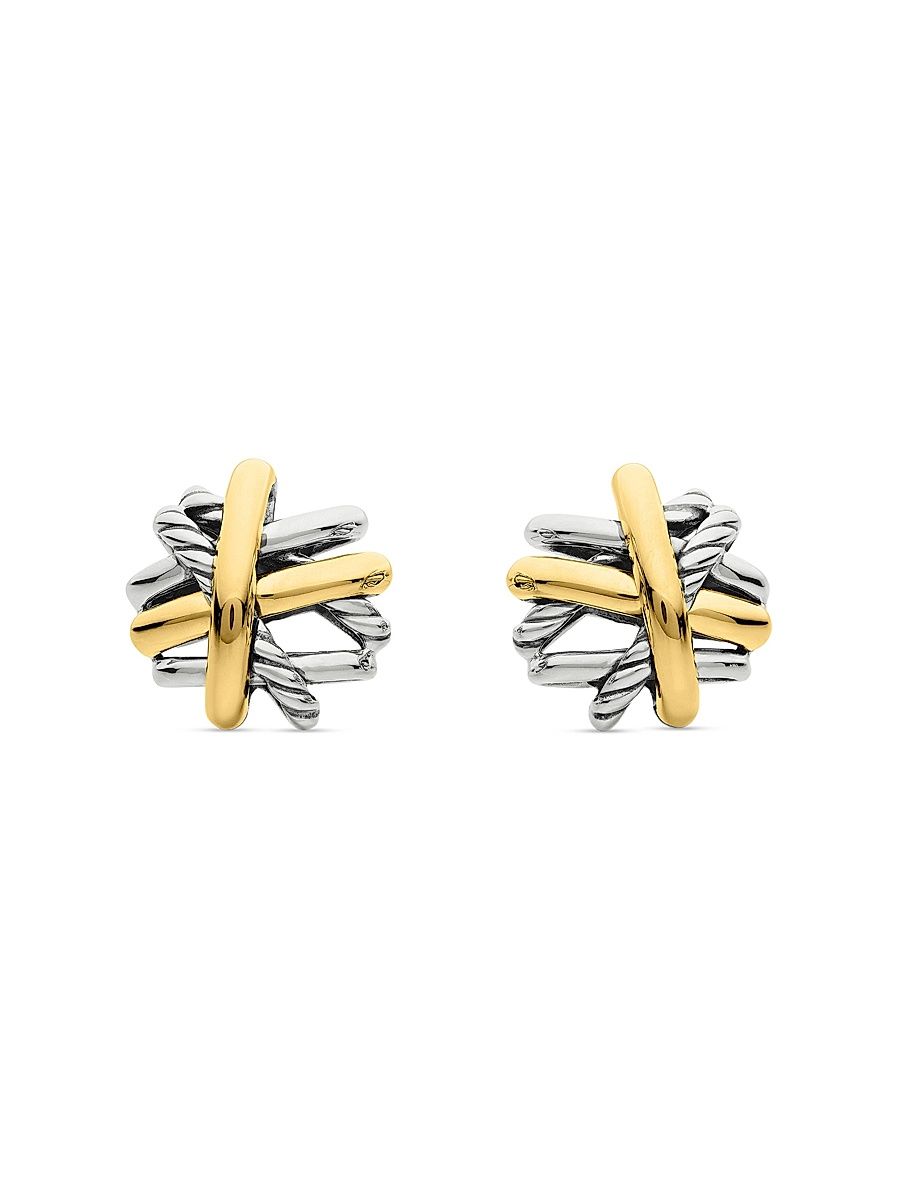 Women's Crossover Stud Earrings in Sterling Silver with 18K Yellow Gold, 11MM - Silver