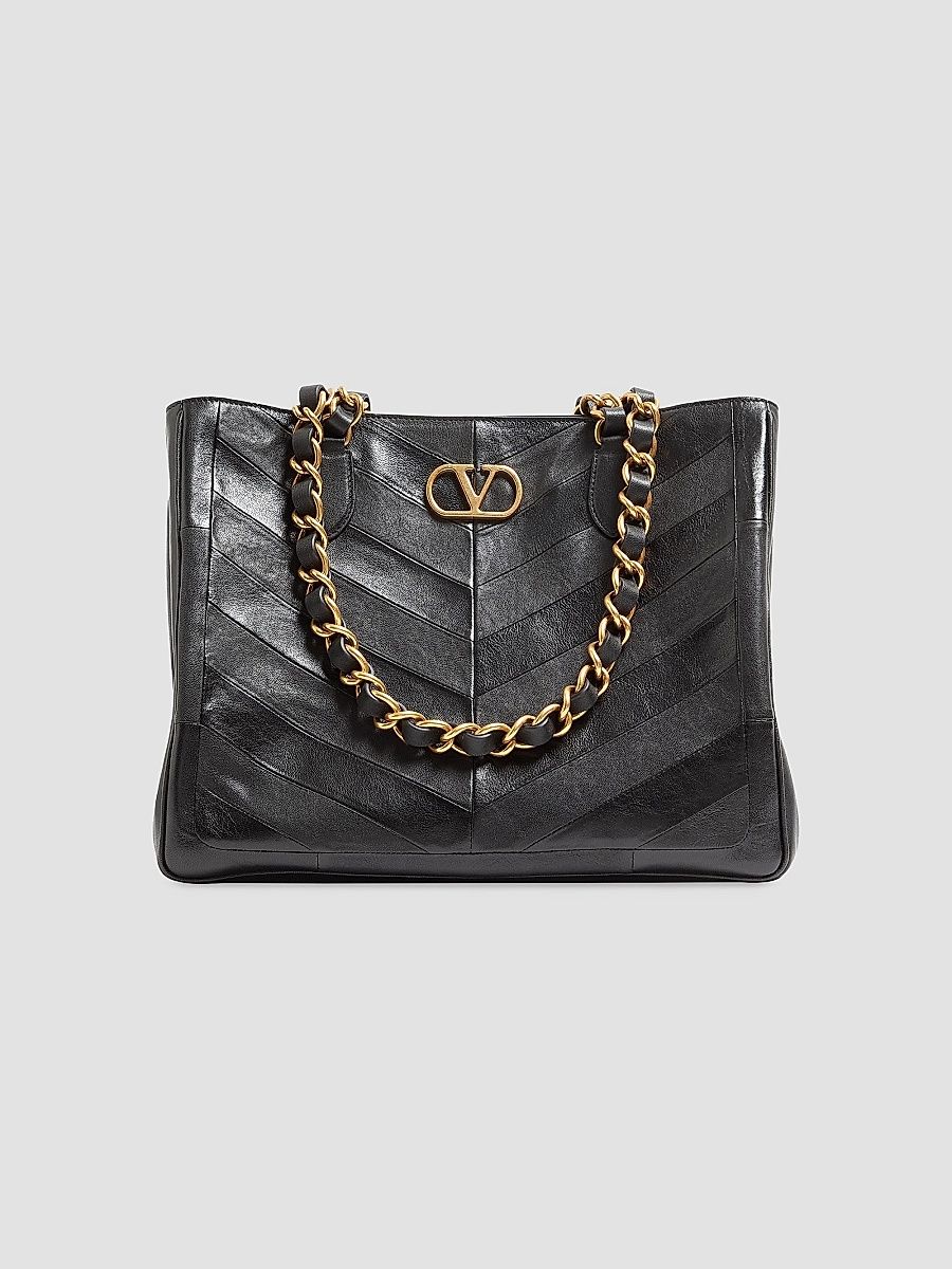 Valentino Women's Laseine Shopping Bag in Nappa Leather with a Chevron Pattern - Black