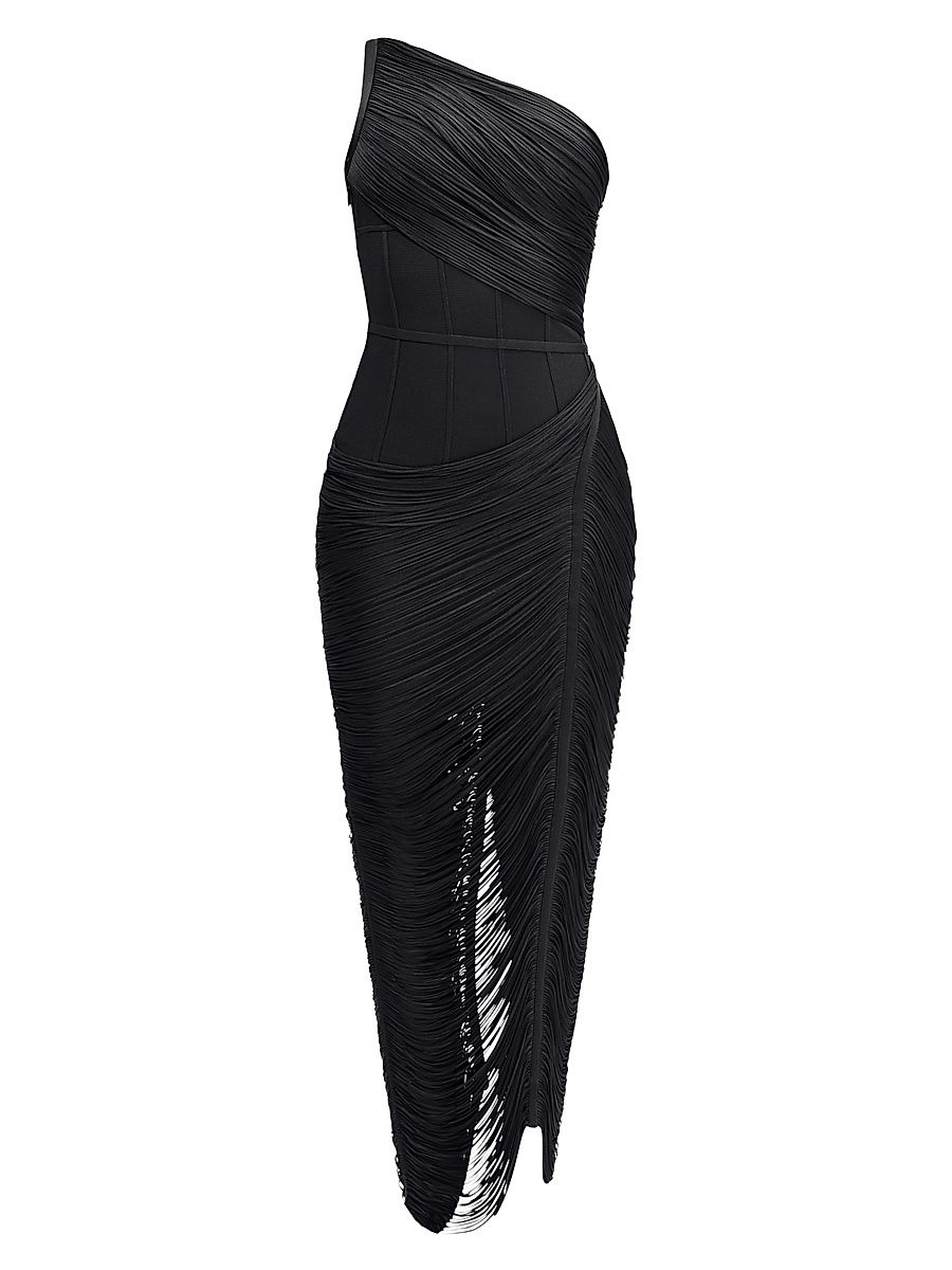 Women's The Tyra Fringe One-Shoulder Gown - Black - Size XS