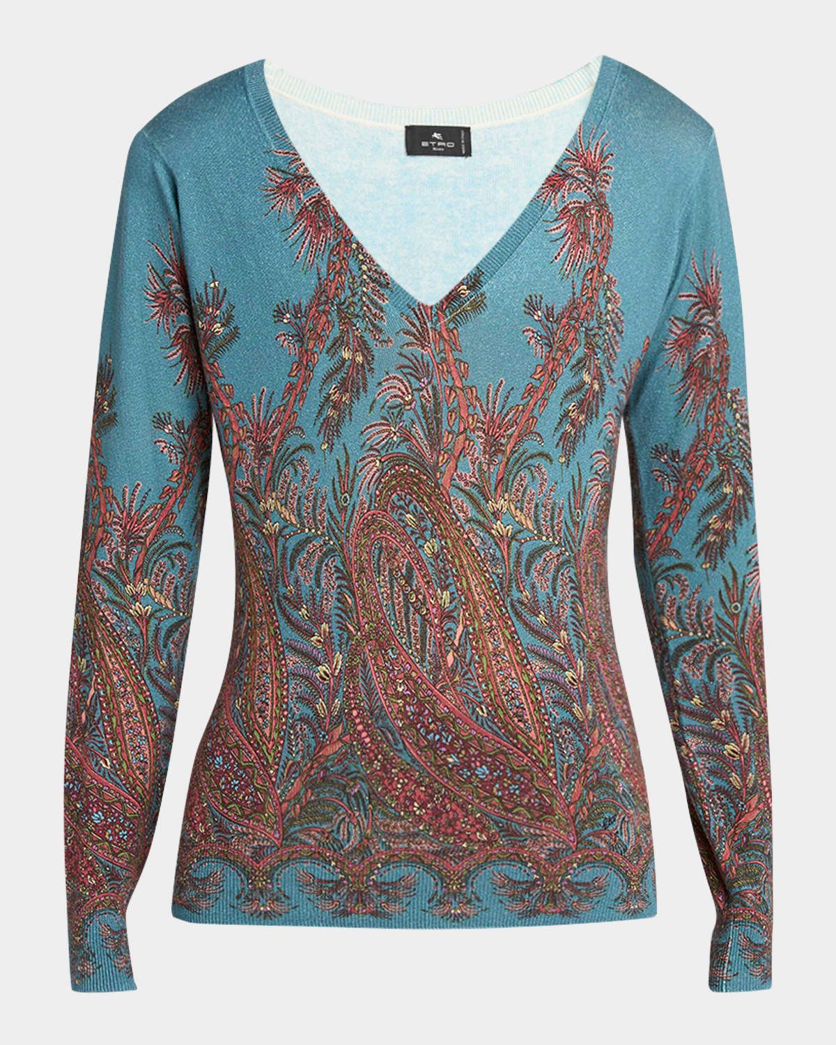 V-Neck Paisley Stampa Silk Sweater