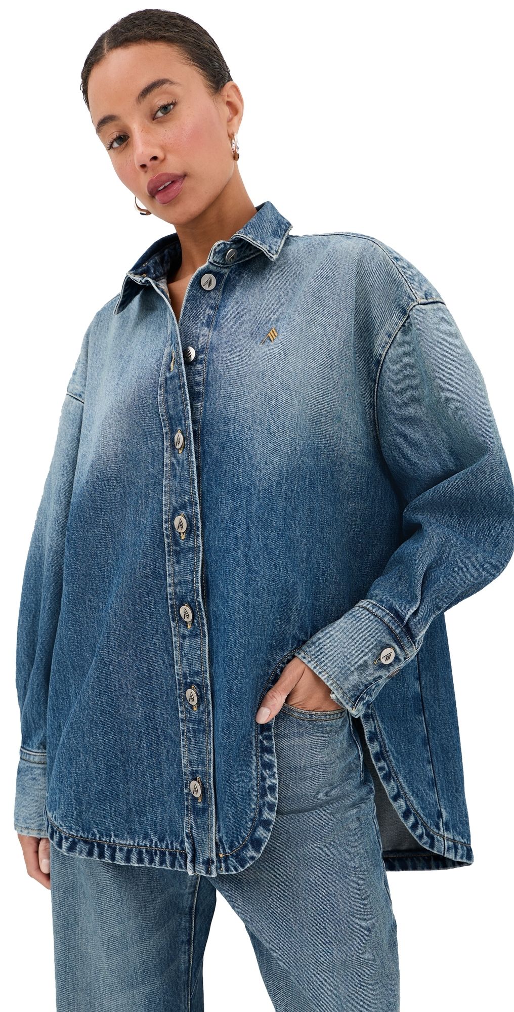The Attico Bomber Denim Button Down Shirt Sky Blue 46