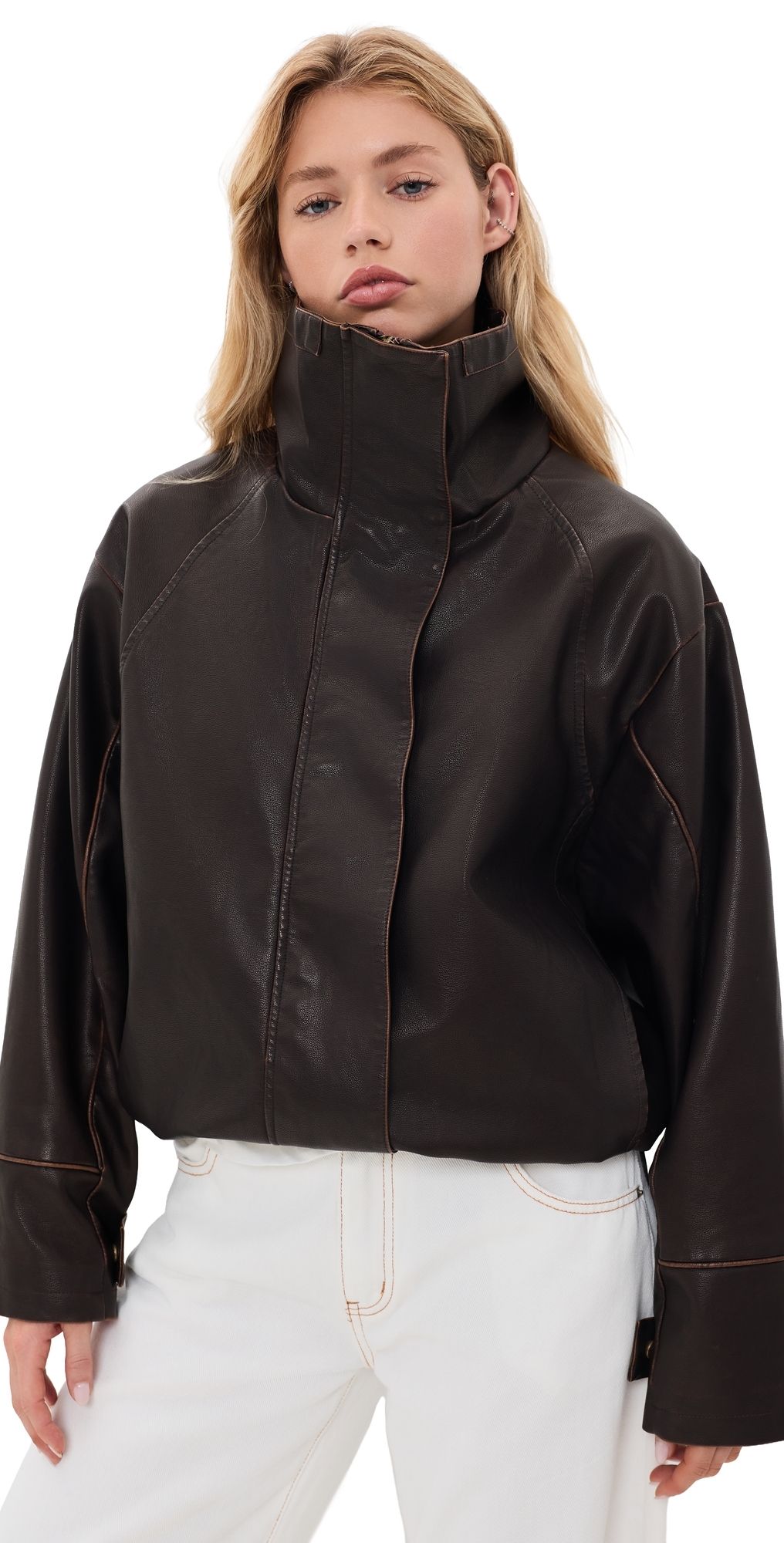 Lioness Shoreline Funnel Faux Leather Jacket Chocolate XS