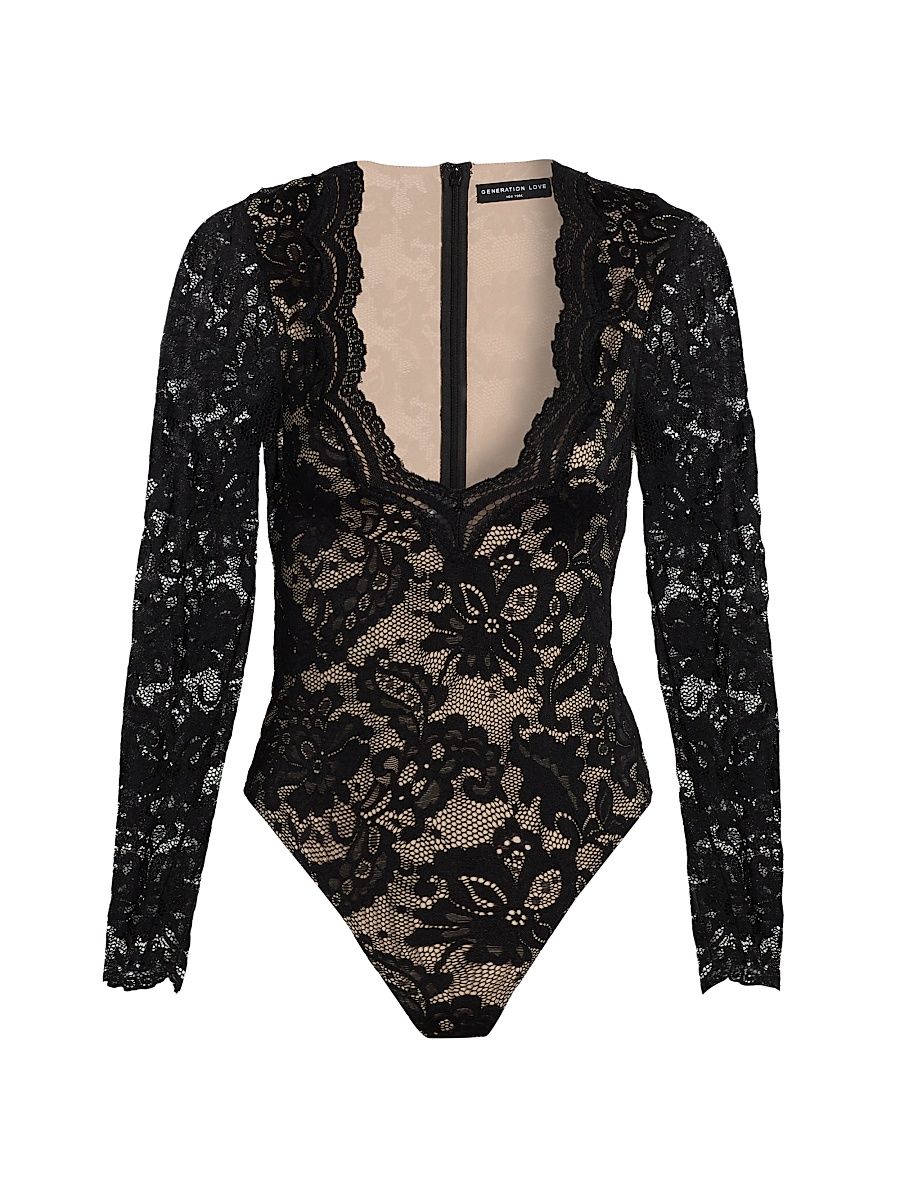 Women's Alessia Lace Bodysuit - Black Beige - Size Large
